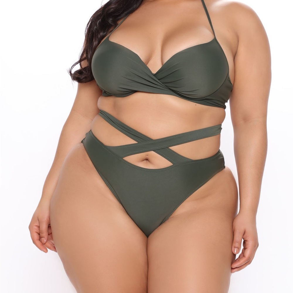 Fashion Nova Olive Green Bikini with High-Waisted Cutouts